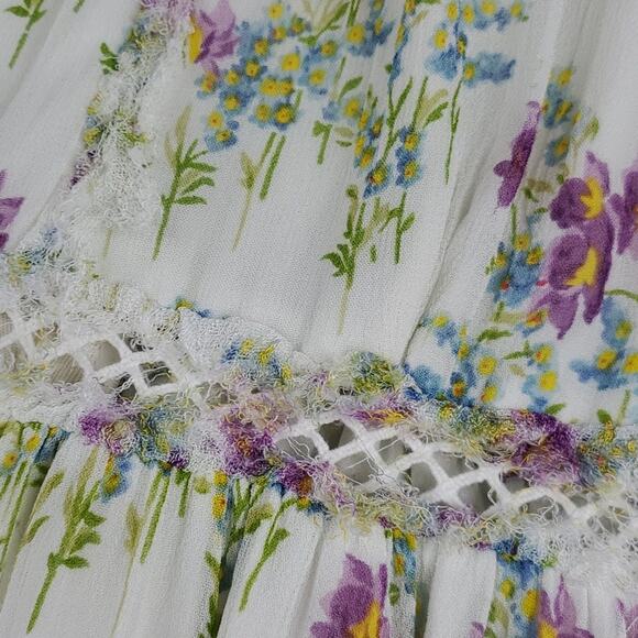 Topshop Cold Shoulder Midi Dress Frayed Lace Boho Floral Long Sleeve Cream 6 - Picture 7 of 9